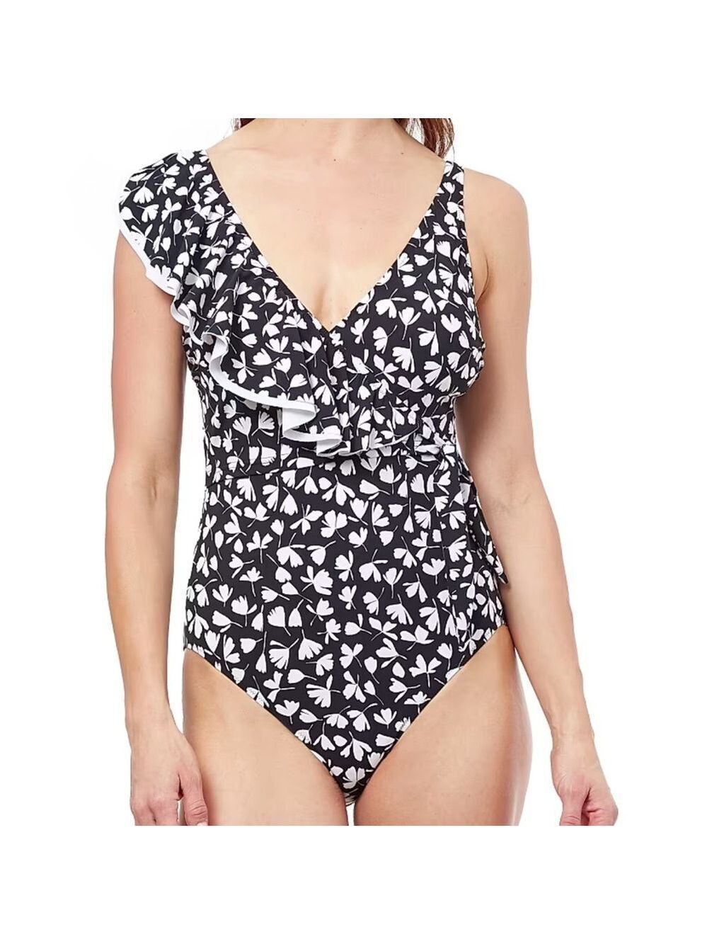 NEW Profile by Gottex V-Neck Surplice Ruffle One Piece Swimsuit Sz 8 Black White